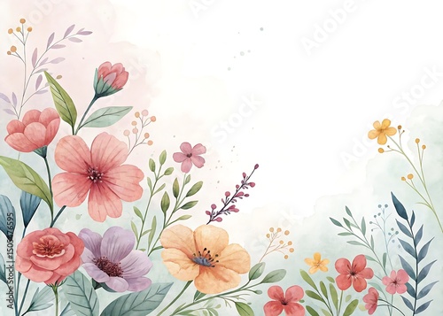 Watercolor floral illustration with various colored flowers and a white background