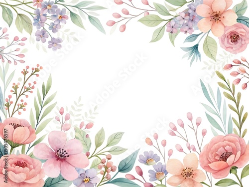 Watercolor floral frame with pastel flowers and leaves, romantic botanical illustration