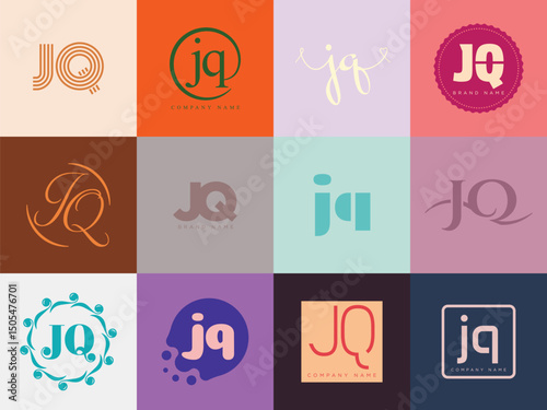 JQ logo company template. Letter j and q logotype. Set different classic serif lettering and modern bold text with design elements. Initial font typography.
