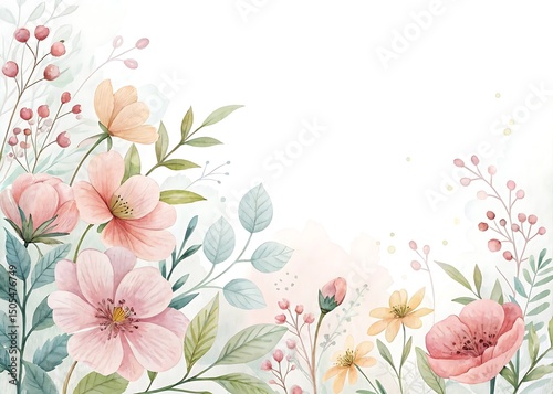 Watercolor floral arrangement in pastel hues with blossoms, leaves and berries