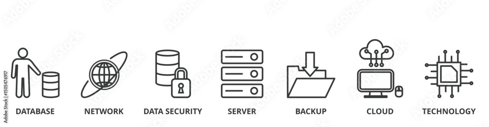Data Center banner vector illustration concept with icon of database, network, data security, server, backup, cloud and technology Data Center banner vector illustration concept with icon of database, network, data security, server, backup, cloud and technology