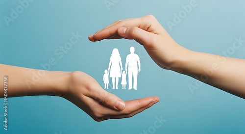 Protective Hands Cupping White Family Silhouette Against Light Blue Background photo