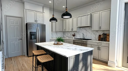 Modern, bright kitchen boasts marble countertop, island with barstools, and pendant lights. Wood floors add warmth to the scene