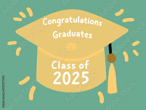 Class of 2025 Congrats on th greeting sign with the acad cap and diploma. Congrats, Graduate. Congratulatory banner. Handwritten brush lettering. Isolated concept for graduation design, card, poster 