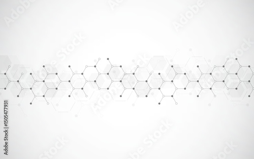 Hexagons pattern on gray background. Genetic research, molecular structure. Chemical engineering. Concept of innovation technology. Used for design healthcare, science and medicine background