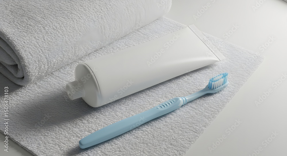 Fototapeta premium Blank toothpaste tube lying next to toothbrush, on white towel