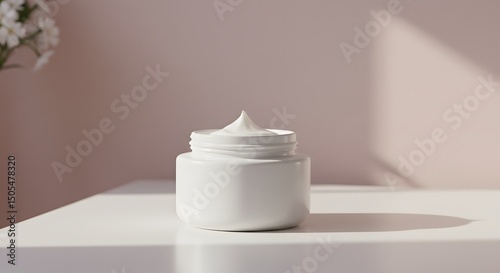 White jar of face cream with no label, on vanity table