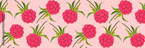 Pink raspberry seamless pattern on pink background. Spring garden background. Summer berry menu, cold drinks. Perfect for textile, menu, packaging, kitchen design. Flat vector illustration.