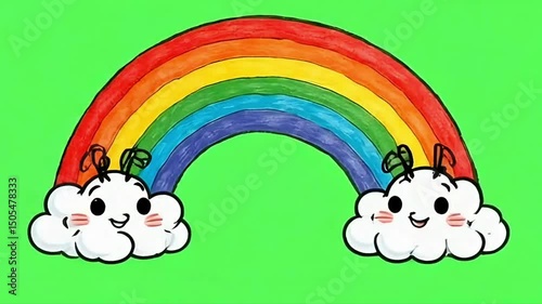 Rainbow drawing animated element on green background. Hand drawn in out cute texture animation. Crazy doodle cartoon style frame by frame classic old style animation, Generative AI