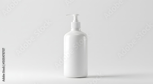 Blank white plastic bottle with pump dispenser on white background, minimal studio lighting