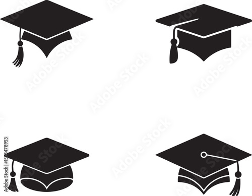 Graduation Cap Collection, Academic Mortarboard in Black Silhouette on Transparent
