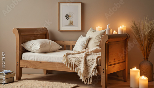 Cozy wooden bed with pillows and blanket in stylish interior  
