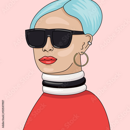 Woman With Short Blue Hair, Sunglasses, Big Necklace and Red Lips	