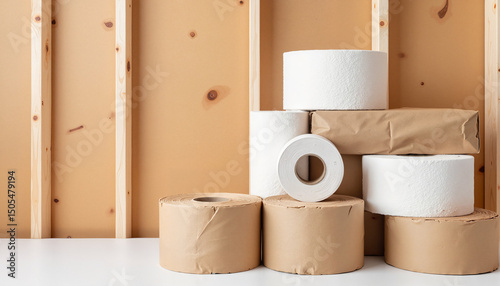 Stacked rolls of toilet paper on a white surface with wooden wall  