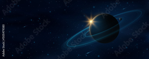 Abstract galaxy background. Planet Saturn with ring around and glowing sun with starry sky and falling asteroids. Black outer space backdrop for scientific presentation. Vector illustration