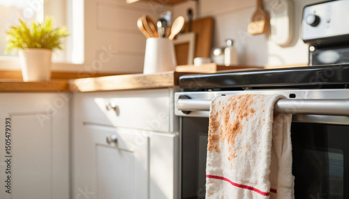 Cozy kitchen with modern appliances and towel hanging on oven  