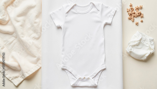 Baby onesie laid flat on white background with soft textiles nearby  