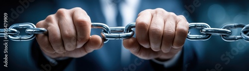 A man in a suit grips a strong metal chain tightly with both hands, symbolizing strength, control, and resilience.