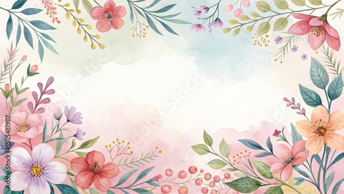 Watercolor Floral Frame with Pastel Colors and Various Flower Arrangements Displayed
