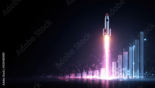 A rocket launching upwards with a trail of light next to a rising bar graph design