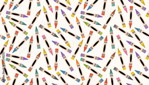 Cute seamless pattern with colorful pastel crayons in disorganized arrangement. Flat cartoon style adds charm and lightness, ideal for backgrounds, textile prints, or educational designs.