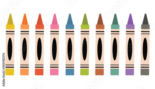 Set of colorful pastel crayons illustrated in flat cartoon style. Each crayon appears in a different vibrant shade, arranged clearly to showcase variety. Perfect for art, education, kids’ designs.