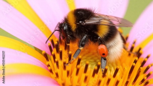 Vibrant macro chaos captures spring's frenetic rebirth - a bumblebee's pollen-dusted legs scramble across sunflower stamen bridges, monarch wings slice through air thick with swirling cherry blossom c