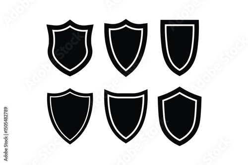 Six different shield emblems or badges silhouetted in black and white on a plain white background