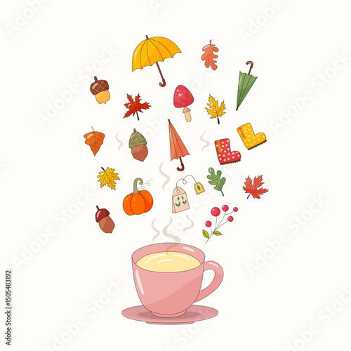 Autumn pink mug with hot tea, umbrella hovering above the mug, acorns, rubber boots, leaves, hand drawn, on a light background