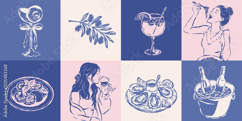 Hand drawn Italian summer food and drink illustrations. Pasta, oysters, wine, cocktails, olives, women, caprese, dessert. Romantic Mediterranean set. Vector sketch, pastel background.