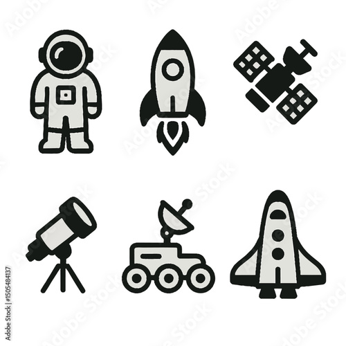 Set of space icons showing astronaut rocket satellite telescope rover and spacecraft for science and exploration design projects.