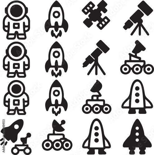 Set of space icons showing astronaut rocket satellite telescope rover and spacecraft for science and exploration design projects.