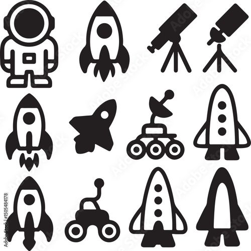 Set of space icons showing astronaut rocket satellite telescope rover and spacecraft for science and exploration design projects.
