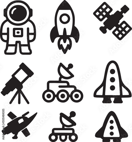 Set of space icons showing astronaut rocket satellite telescope rover and spacecraft for science and exploration design projects.