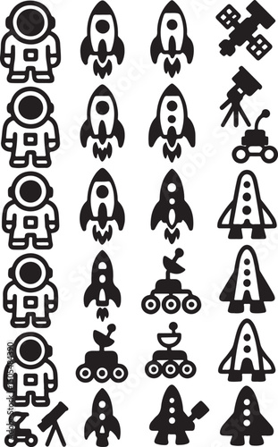 Set of space icons showing astronaut rocket satellite telescope rover and spacecraft for science and exploration design projects.