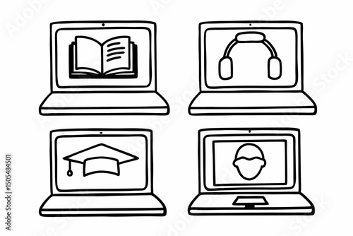 Online Education Icons Laptop with Book Headphones Graduation Cap and Profile