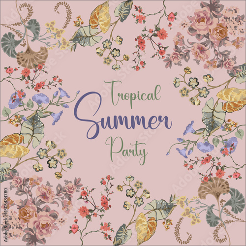 Tropical summer party invitation with flowers leaves and exotic roses
