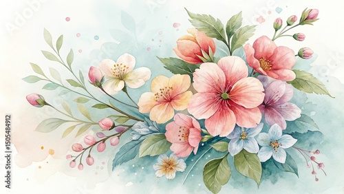 Watercolor Flower Bouquet with Soft Pastel Colors and Delicate Petals against light background
