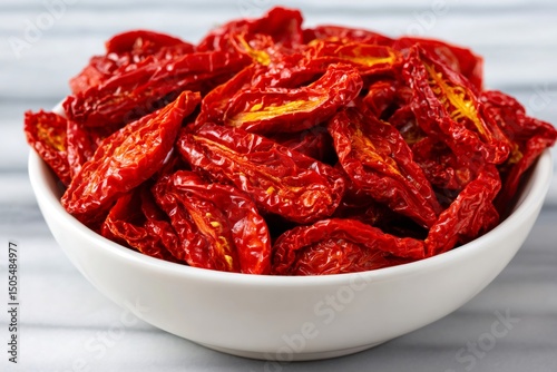 White bowl full of sun dried tomatoes on marble table