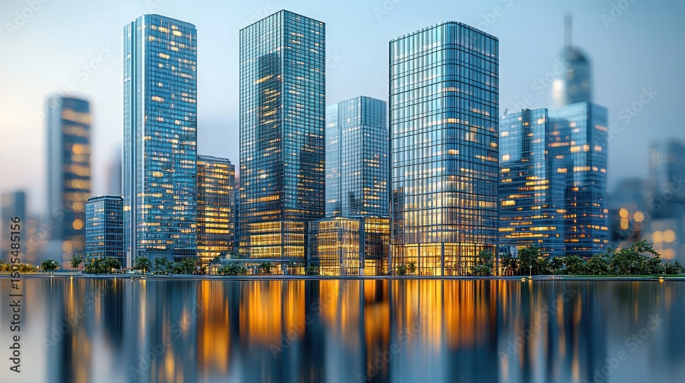 Obraz premium Cityscape Reflection, Illuminated Skyscrapers at Dusk