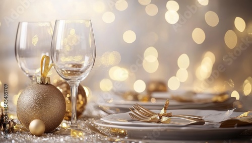 Elegant christmas table setting with golden decorations and bokeh lights backdrop
