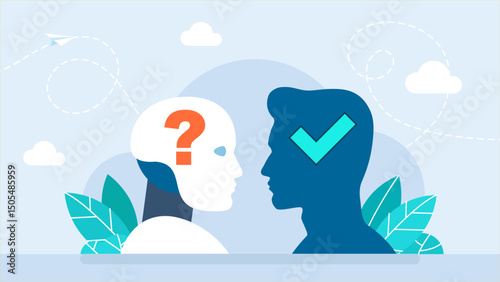 Artificial Intelligence VS Human. Difference between a robot and a man. Artificial intelligence vs human mind, new ideas, question marks, check mark tab. Vector illustration