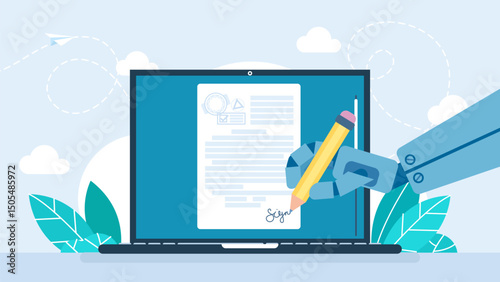 Digital hand with pen sign a document and laptop. Online signing of contract on digital smartphone or tablet screen. Digital signature, E-contract, Sign document, Online approval. Vector illustration