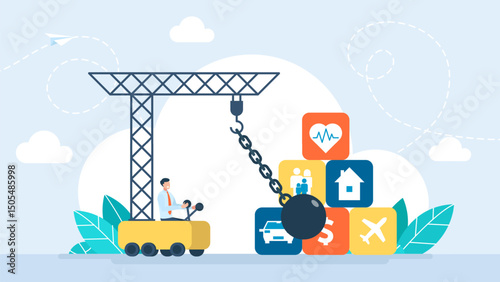 A wrecking ball destroys everything, business, life, society, destruction, health, money, insurance, family, transportation. Crane with wrecking ball. Vector illustration