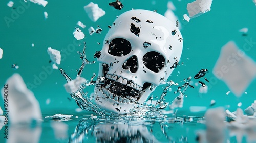   A white skull with black eyes splashes through a pool of water, surrounded by ice cubes