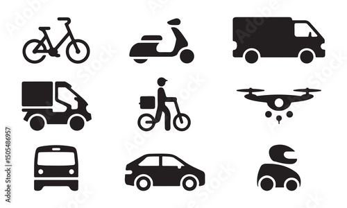 A collection of black and white simple icons depicting various forms of transportation, including bicycles, scooters, delivery vans, drones, and automobiles on white