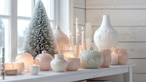 Elegant holiday vignette with frosted tree, pastel ornaments, and glowing candles