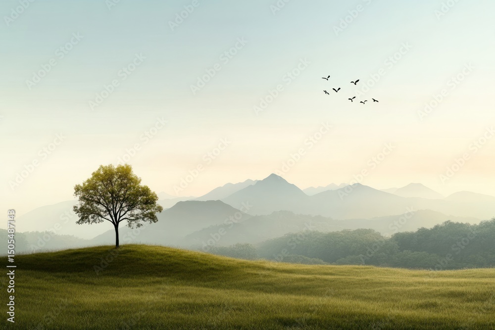 Obraz premium Child drawing of spring nature scene with rolling hills and flowers