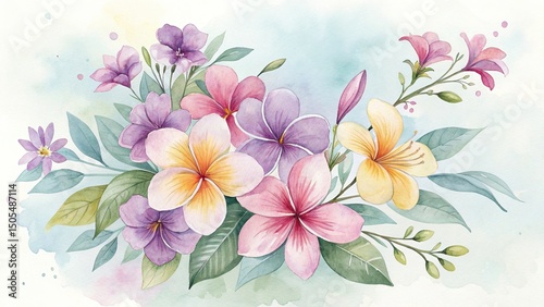 Watercolor Plumeria and Floral Arrangement with Soft Pastel Background