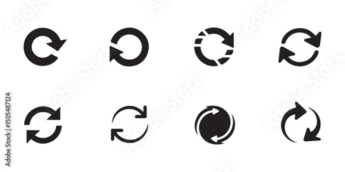 A collection of nine simple, black refresh icons on a white background.